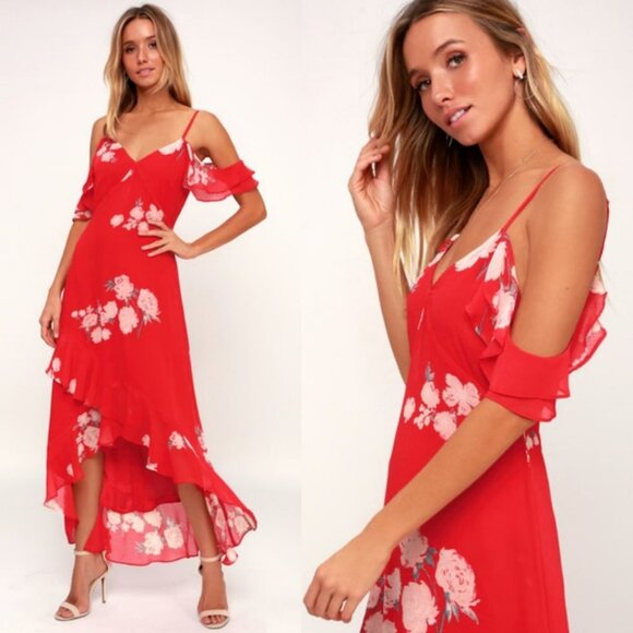 Lulus‎ Ruffle Floral Maxi Dress Red High Low Size XS Cold Shoulder In Bloom Boho - Picture 2 of 13